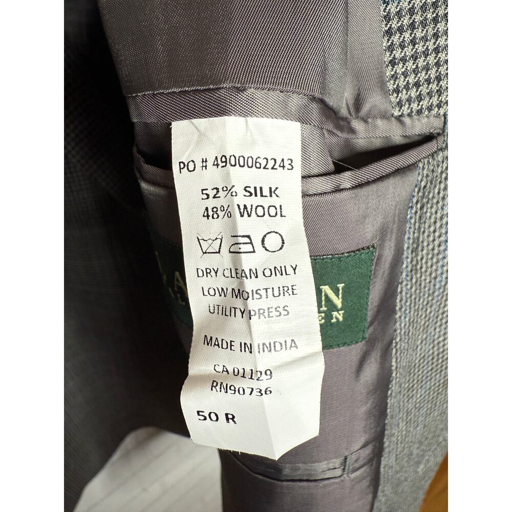 Ralph Lauren 50R Houndstooth Plaid 2 Button Blazer $350  Silk&Wool Jacket Gray - Picture 9 of 10